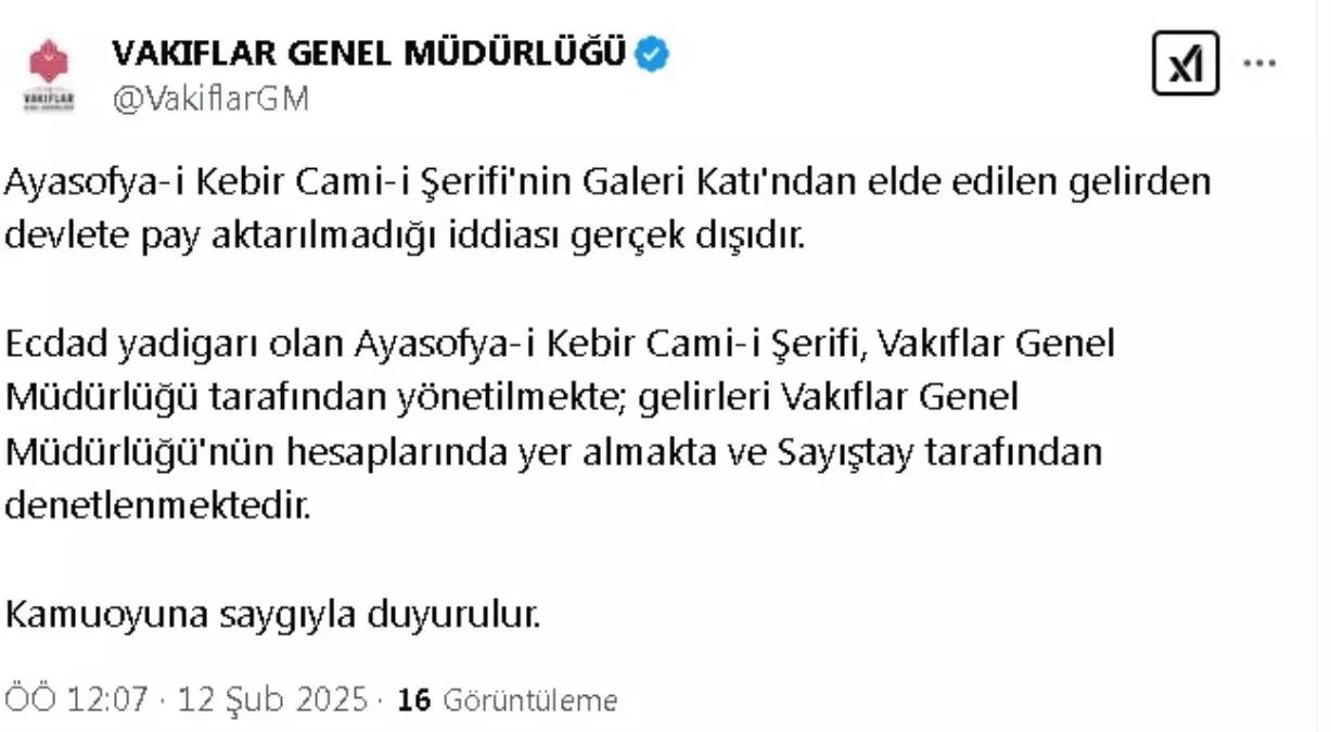 Vakıflar Genel Müdürlüğü’nden Ayasofya Gelirleri Açıklaması